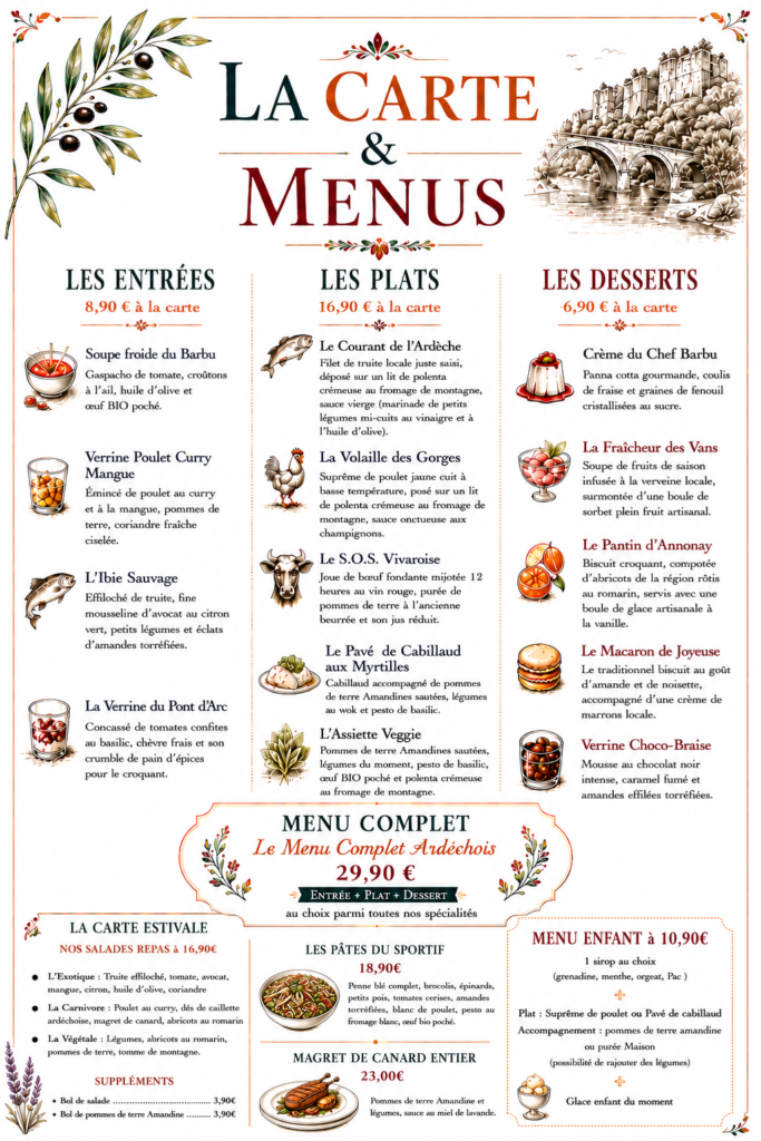 carte et menu restaurant sos gourmand vallon pont d'arc